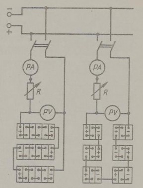 Схема соединения аккумуляторных батарей в группы для заряда