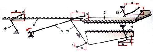 Кинематическая схема подвески и привода транспортной доски и решётных станов сепаратора зернового вороха комбайна «Нива»