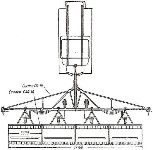Схема агрегатирования трактора Т-150 с четырьмя сеялками
