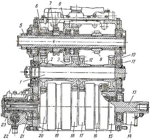 Коробка передач трактора Т-150 (продольный разрез)