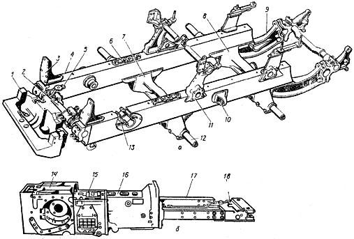 Рамный (А) и полурамный (Б) остовы гусеничного трактора